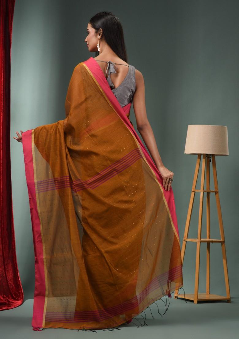 Ochre Yellow Textured Cotton Blend Saree Set
