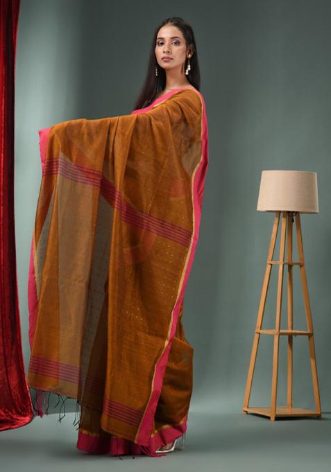 Ochre Yellow Textured Cotton Blend Saree Set