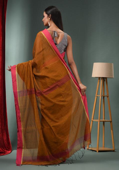 Ochre Yellow Textured Cotton Blend Saree Set