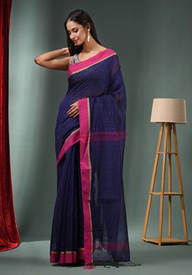 Midnight Blue Textured Cotton Blend Saree Set