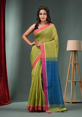 Sapphire Green Textured Cotton Blend Saree Set