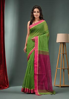 Parrot Green Textured Cotton Blend Saree Set