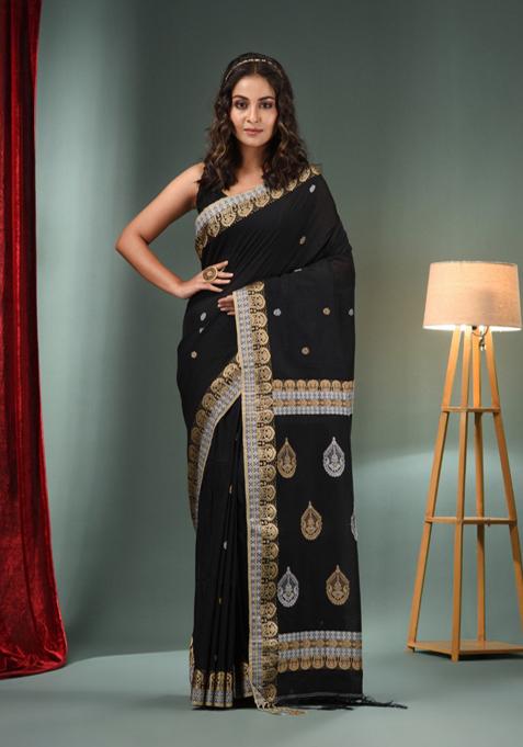 Black Woven Design Cotton Saree Set