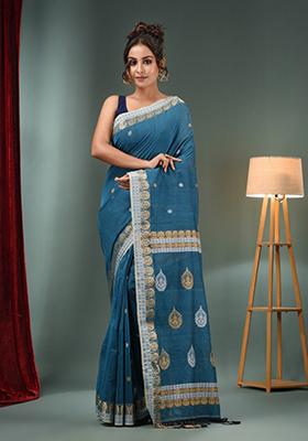 Yale Blue Woven Design Cotton Saree Set