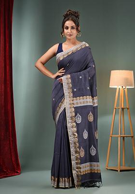 Dark Grey Woven Design Cotton Saree Set