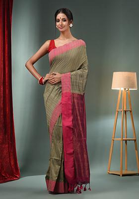 Ecru Woven Design Cotton Saree Set