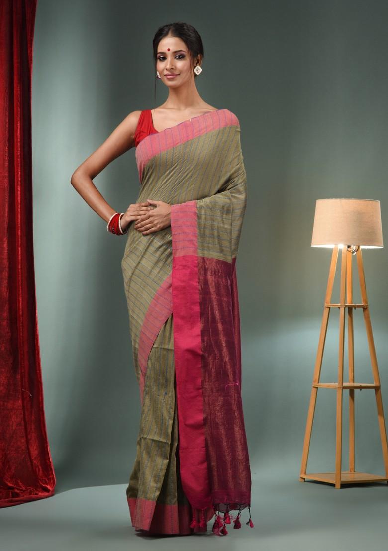 Ecru Woven Design Cotton Saree Set