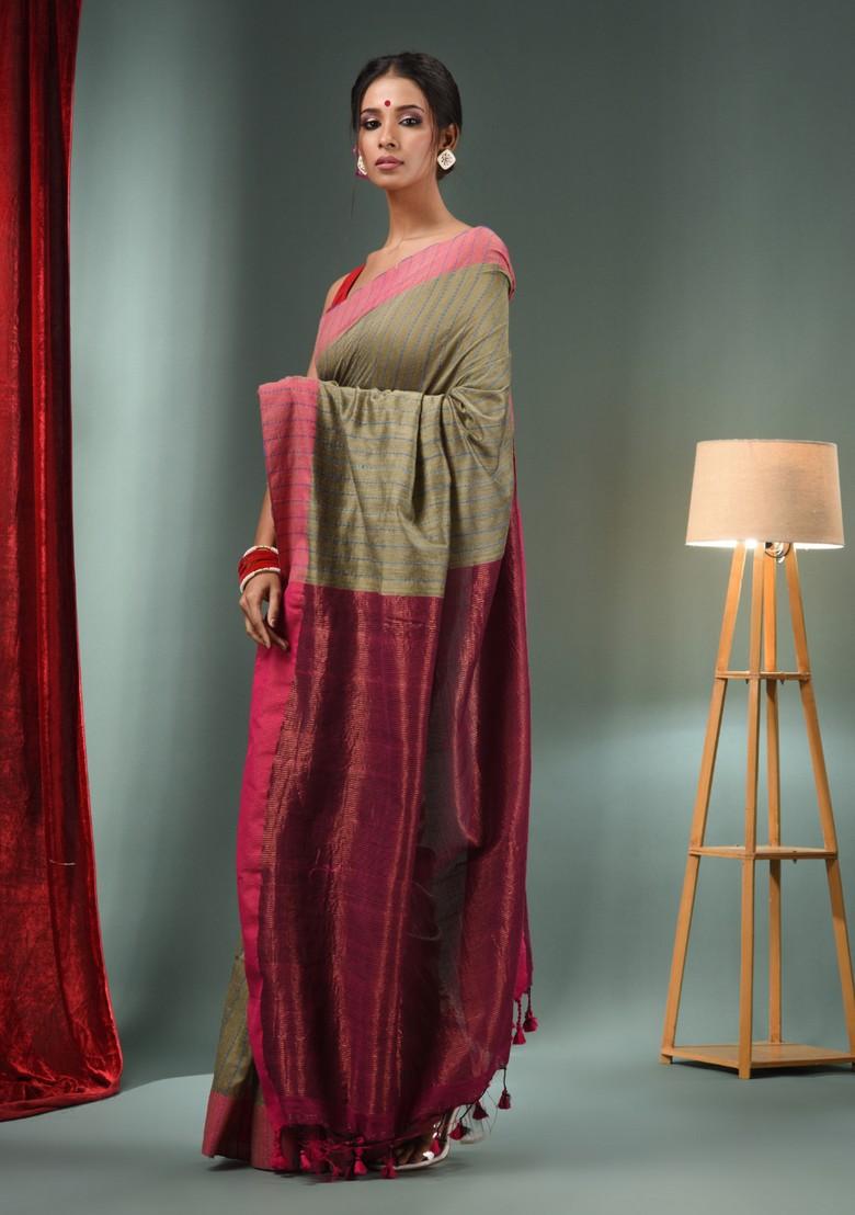 Ecru Woven Design Cotton Saree Set