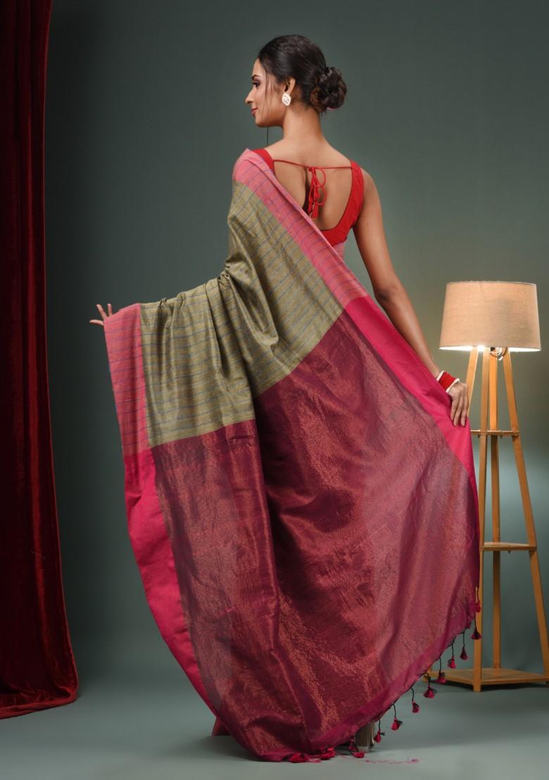 Ecru Woven Design Cotton Saree Set