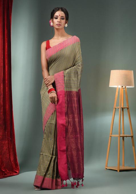 Ecru Woven Design Cotton Saree Set