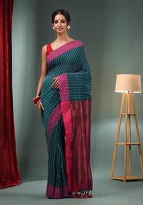 Teal Green Woven Design Cotton Saree Set