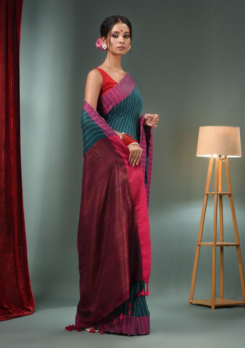 Teal Green Woven Design Cotton Saree Set