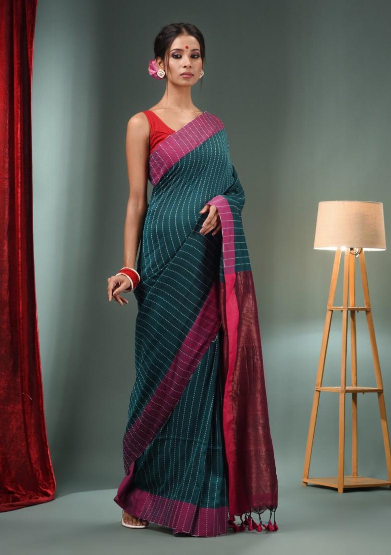 Teal Green Woven Design Cotton Saree Set