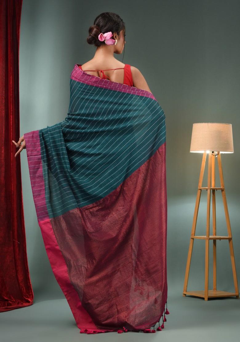 Teal Green Woven Design Cotton Saree Set