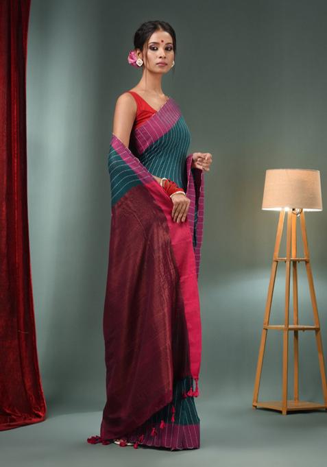 Teal Green Woven Design Cotton Saree Set