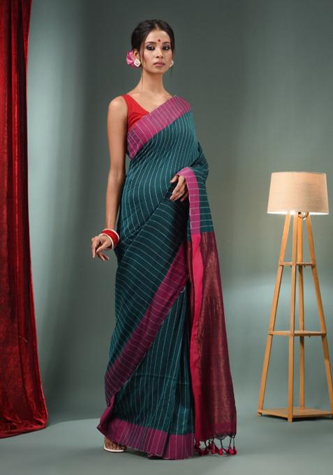 Teal Green Woven Design Cotton Saree Set