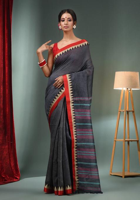 Grey Woven Linen Blend Saree Set