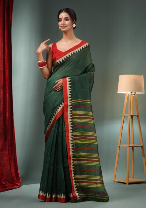 Forest Green Woven Linen Blend Saree Set