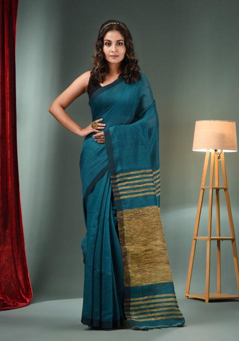 Teal Green Woven Cotton Blend Saree Set