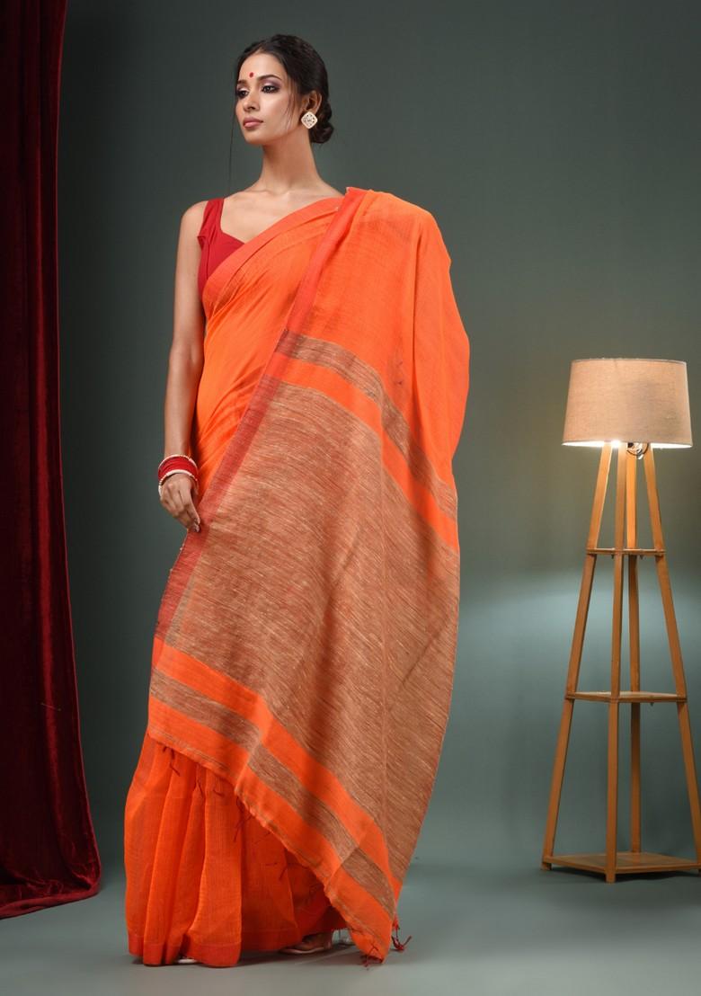 Orange Woven Cotton Blend Saree Set - Indya