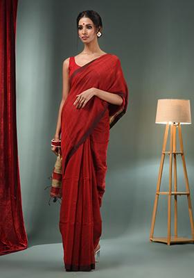 Red Woven Cotton Blend Saree Set