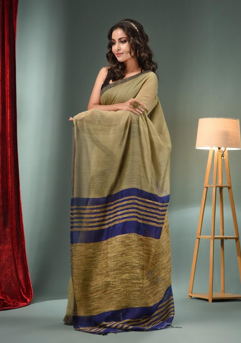 Beige Woven Cotton Blend Saree Set - Indya