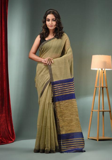 Beige Woven Cotton Blend Saree Set