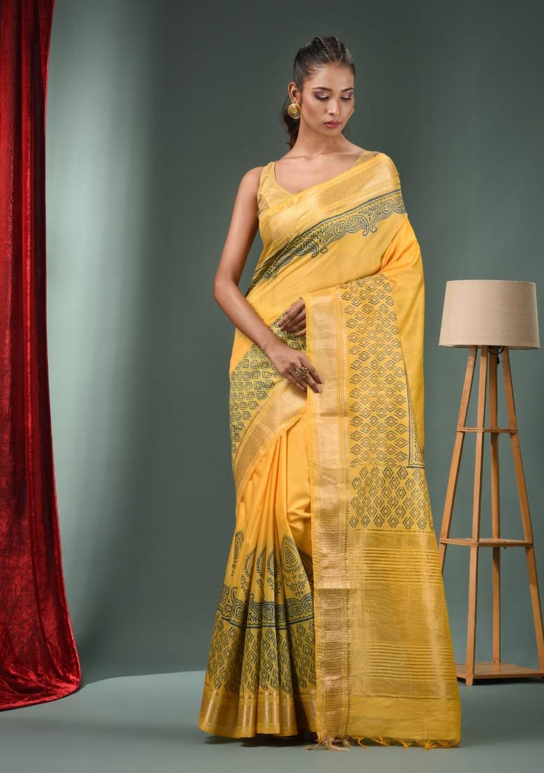 Yellow Zari Work Silk Blend Saree Set
