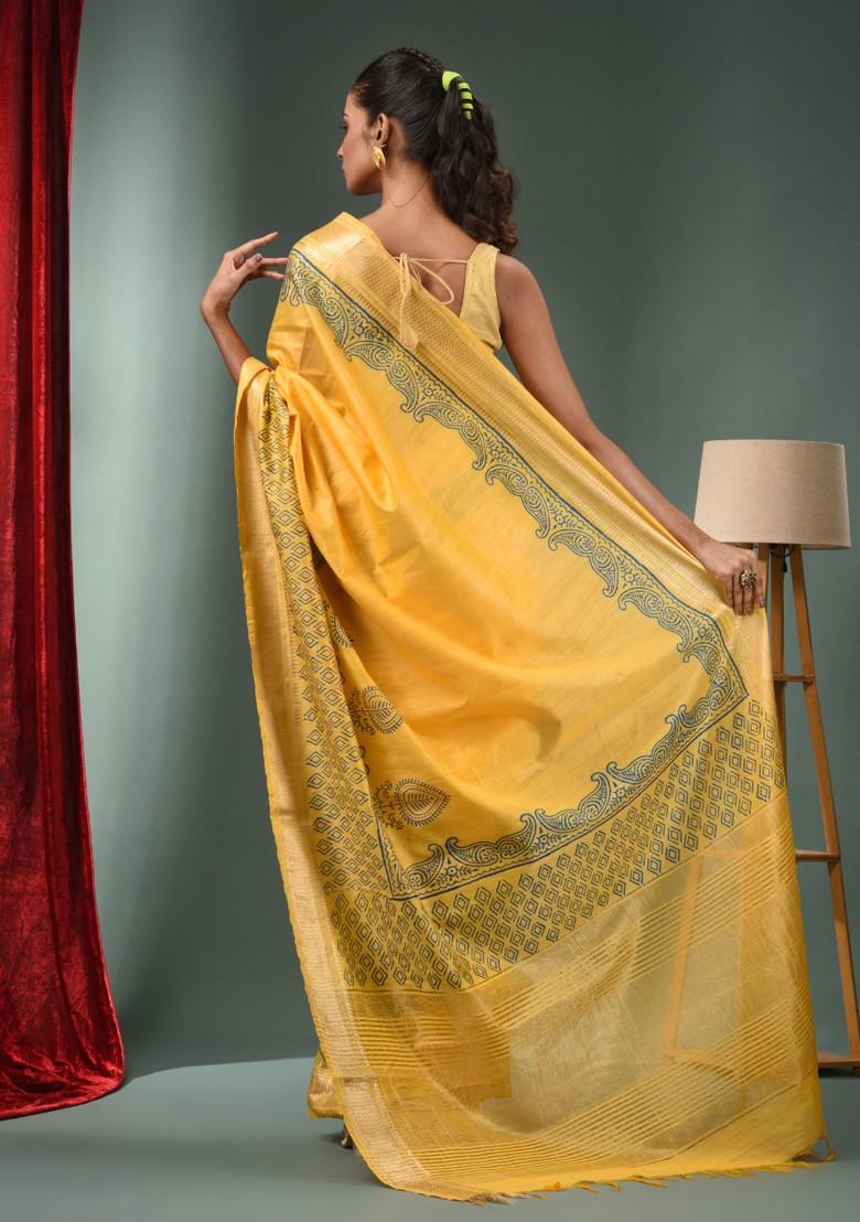 Yellow Zari Work Silk Blend Saree Set