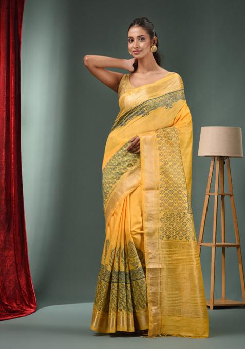 Yellow Zari Work Silk Blend Saree Set