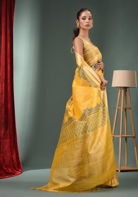 Yellow Zari Work Silk Blend Saree Set