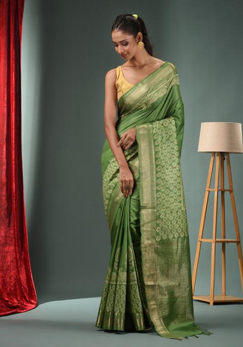 Green Zari Work Silk Blend Saree Set