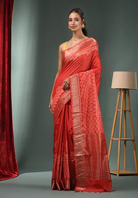 Red Zari Work Silk Blend Saree Set