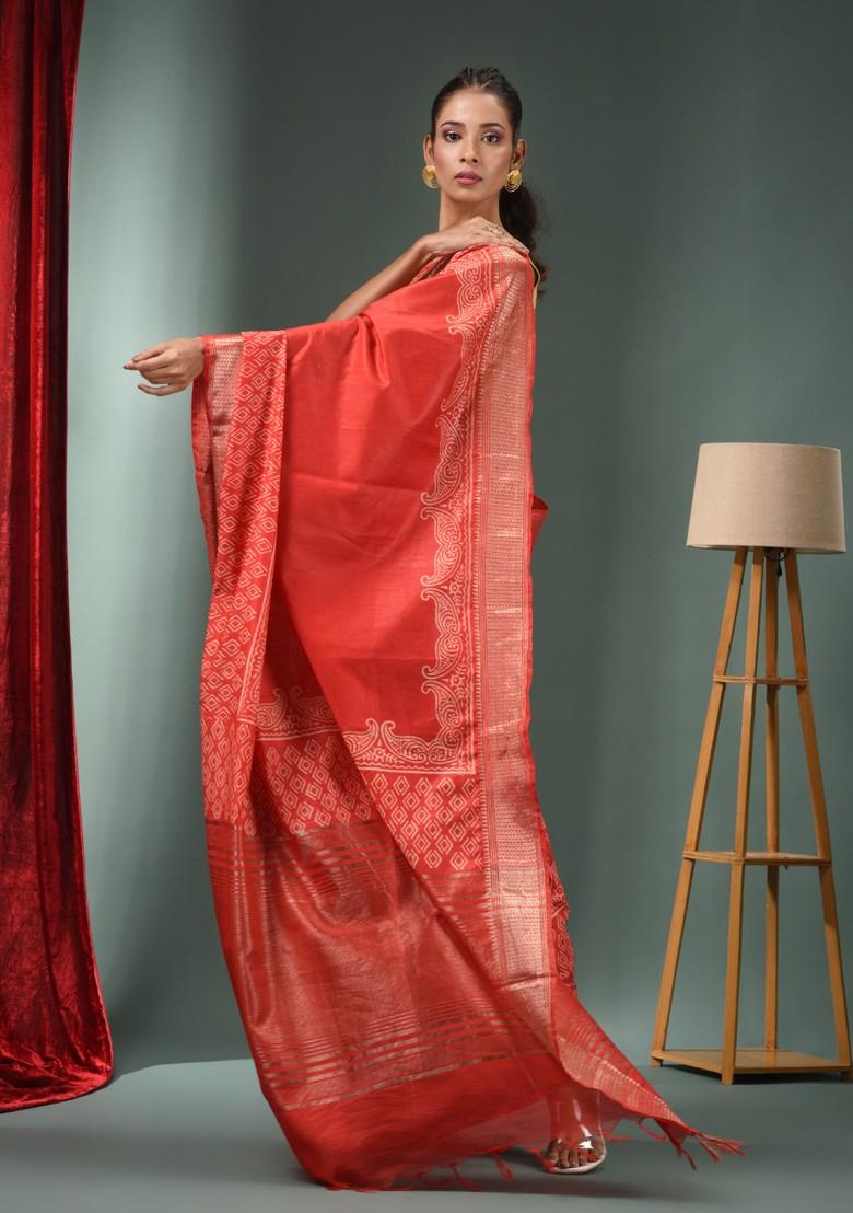 Red Zari Work Silk Blend Saree Set