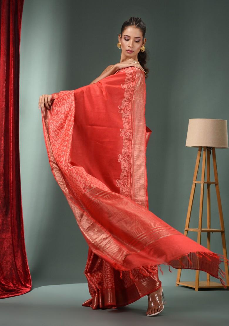 Red Zari Work Silk Blend Saree Set