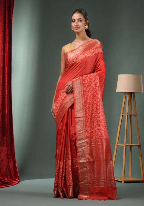 Red Zari Work Silk Blend Saree Set