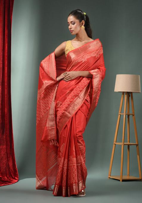 Red Zari Work Silk Blend Saree Set