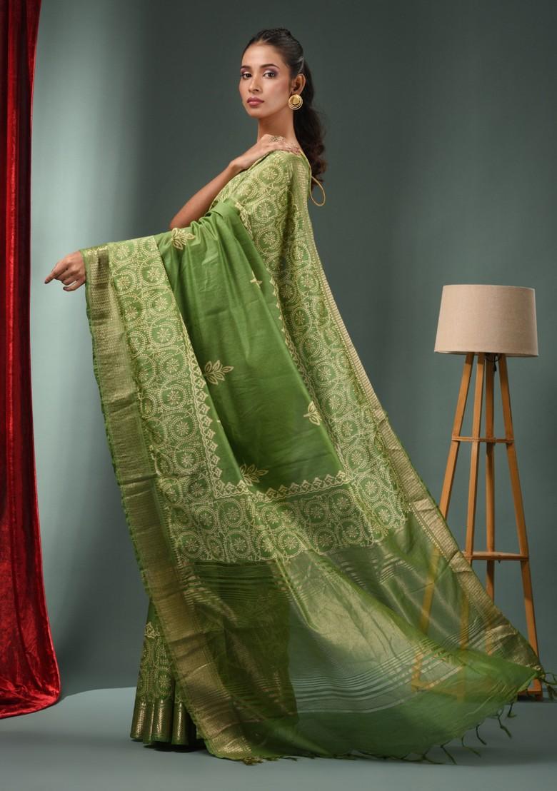 Green Woven Zari Work Silk Blend Saree Set