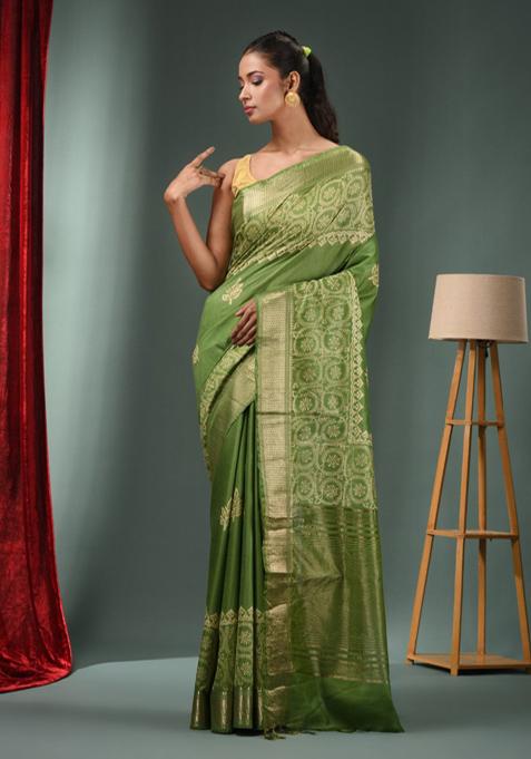 Green Woven Zari Work Silk Blend Saree Set