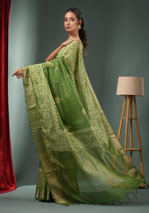 Green Woven Zari Work Silk Blend Saree Set