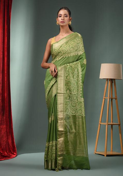 Green Woven Zari Work Silk Blend Saree Set