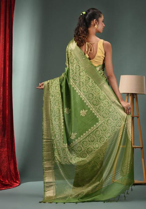 Green Woven Zari Work Silk Blend Saree Set