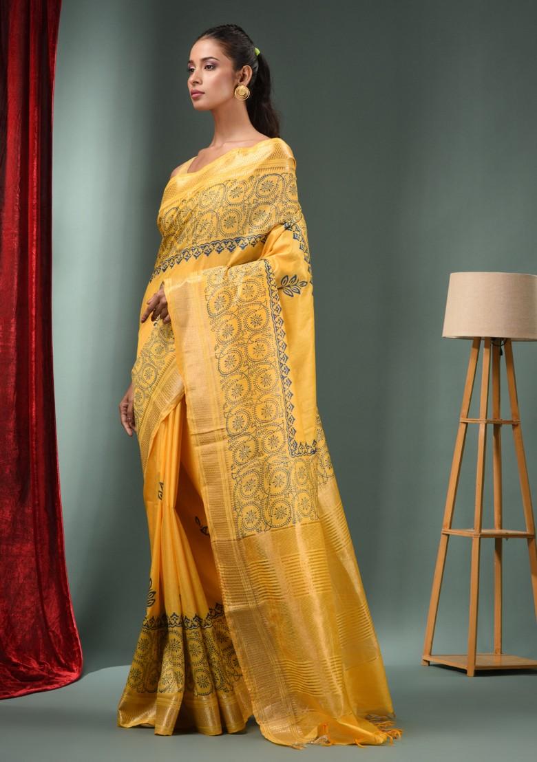 Yellow Woven Zari Work Silk Blend Saree Set