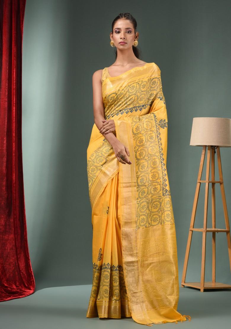 Yellow Woven Zari Work Silk Blend Saree Set