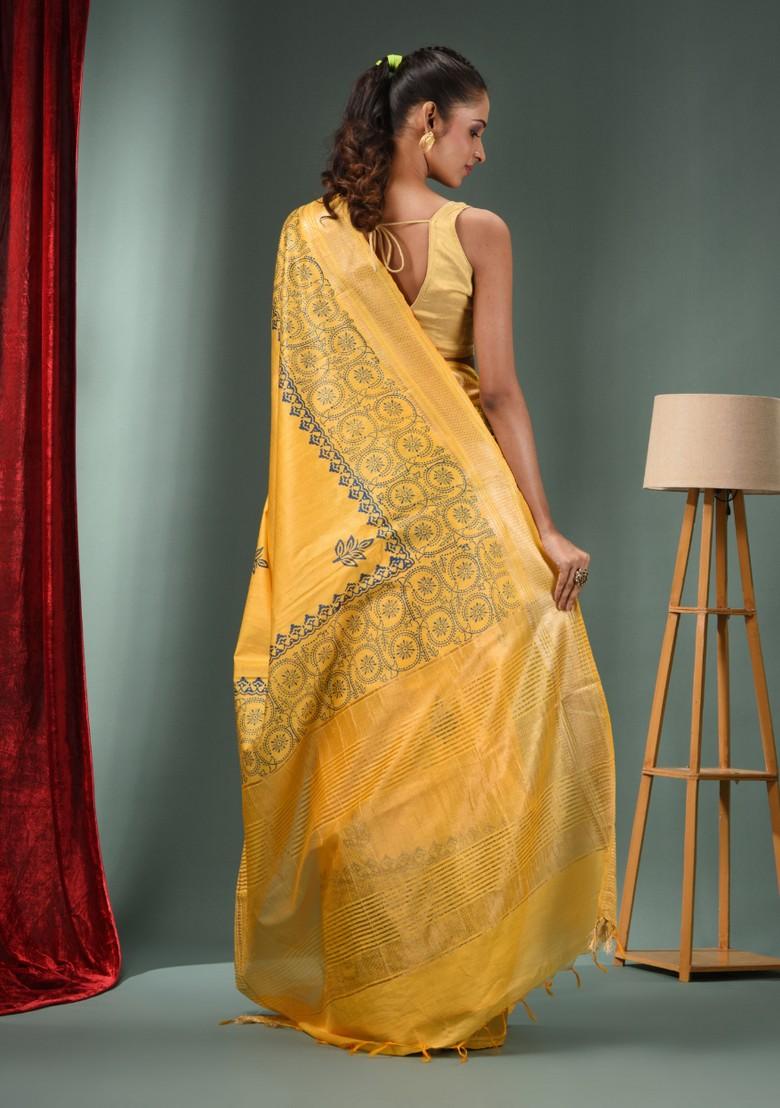Yellow Woven Zari Work Silk Blend Saree Set