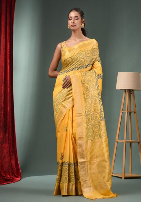 Yellow Woven Zari Work Silk Blend Saree Set