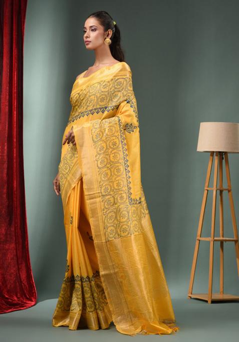 Yellow Woven Zari Work Silk Blend Saree Set