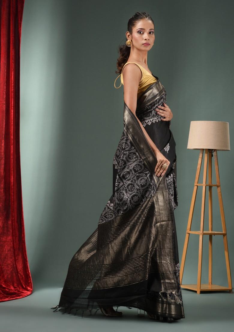 Black Woven Zari Work Silk Blend Saree Set - Indya