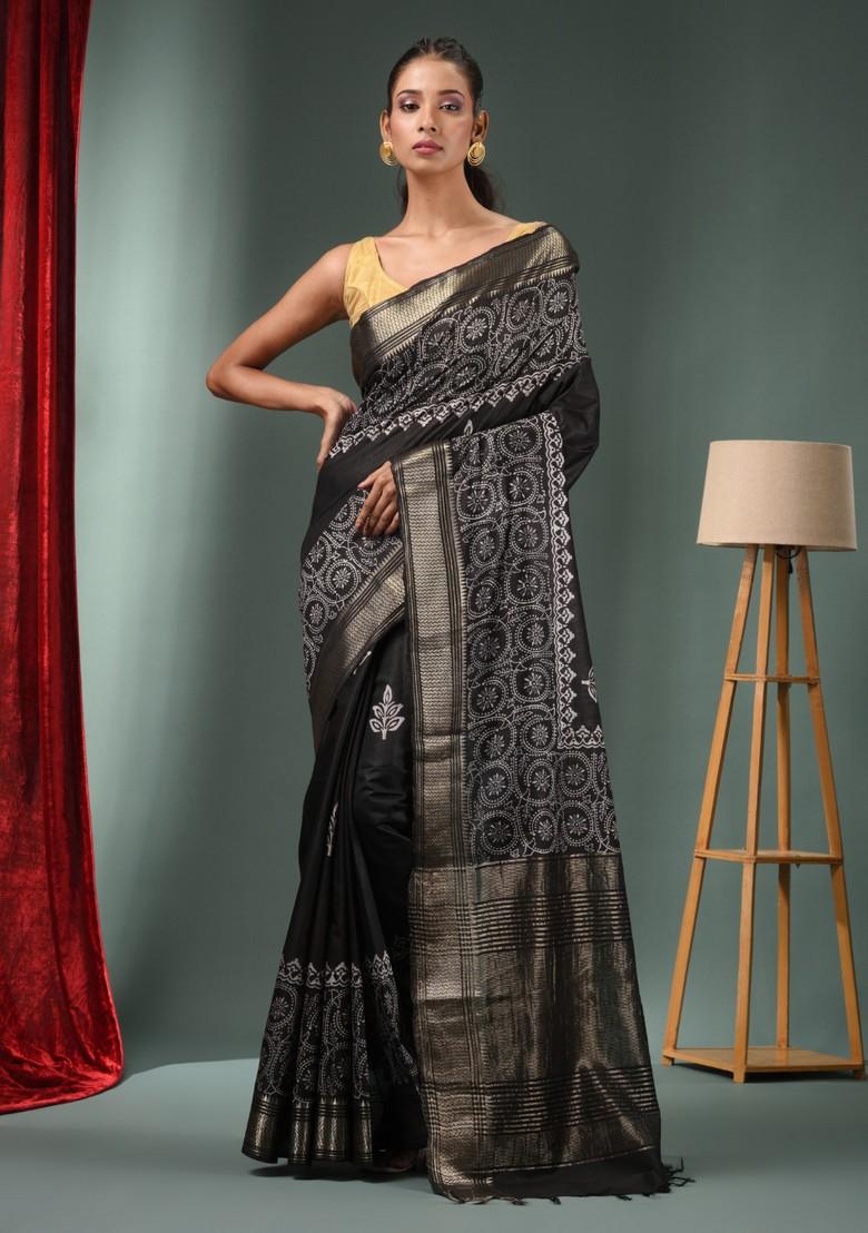 Black Woven Zari Work Silk Blend Saree Set