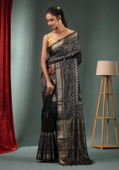 Black Woven Zari Work Silk Blend Saree Set